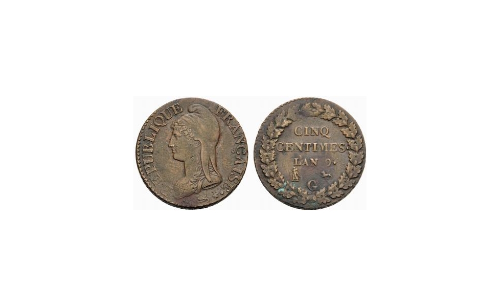 France, First Republic, 5 Centimes AN 9, Genève