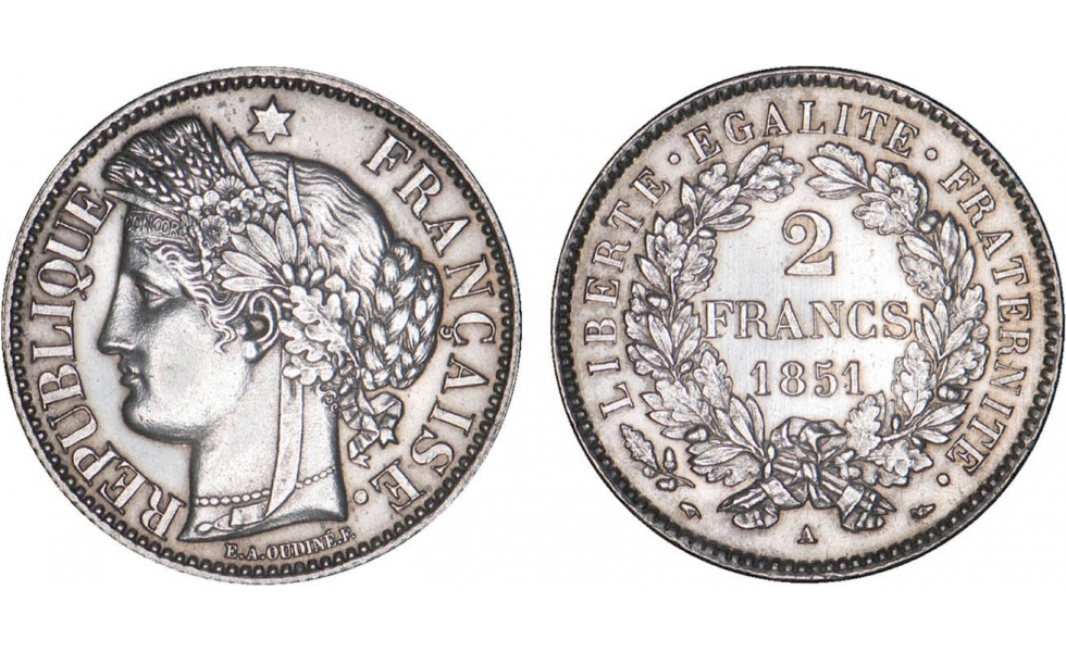 France, Second Republic, 1848-1852, 2 Francs 1851, Paris, Ceres type