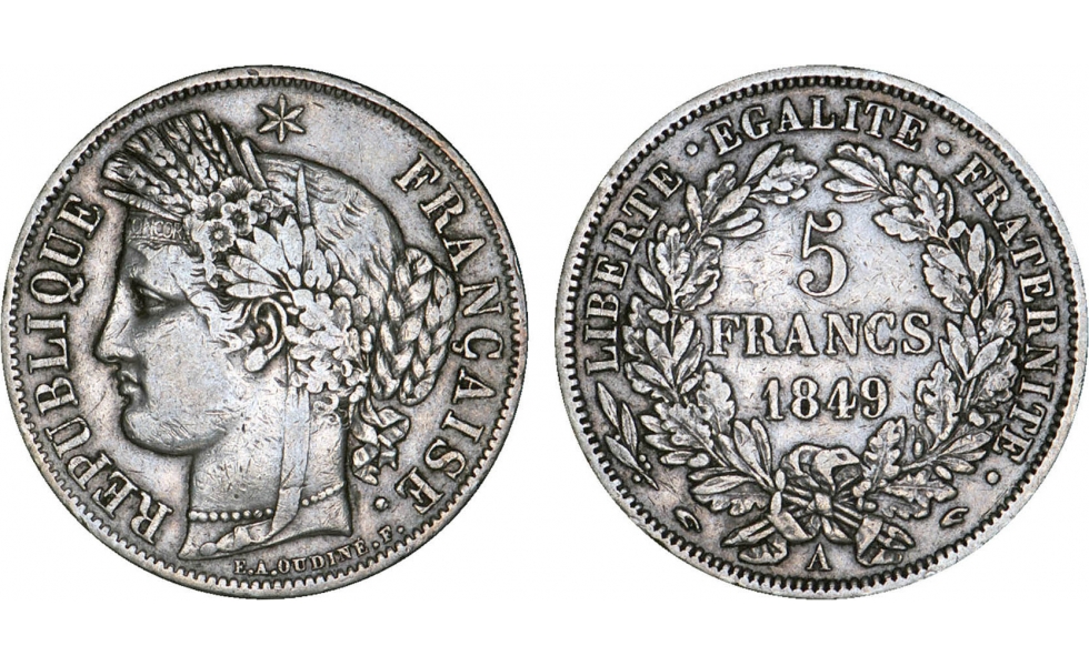 France, Second Republic, 1848-1852, 5 Francs 1849, Paris, Ceres type