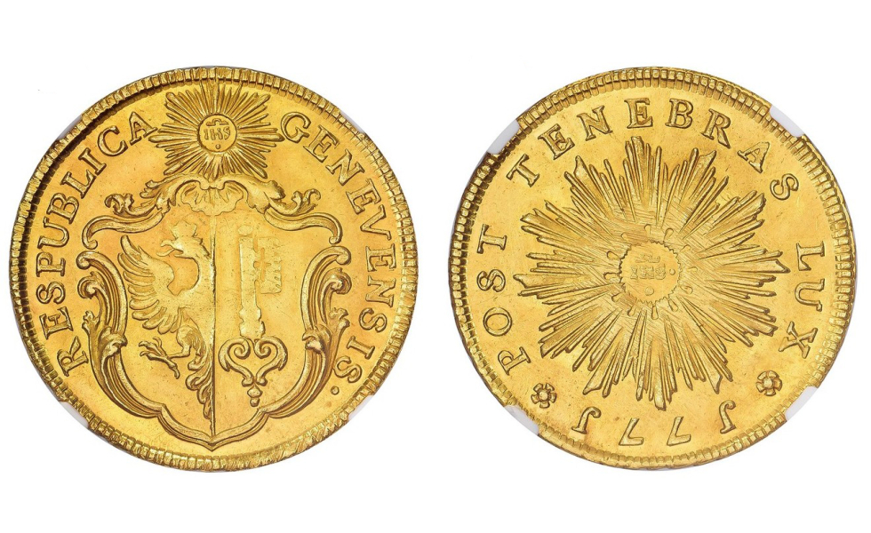 Switzerland, Republic of Geneva, 3 Pistoles 1771, very rare, NGC graded MS 65